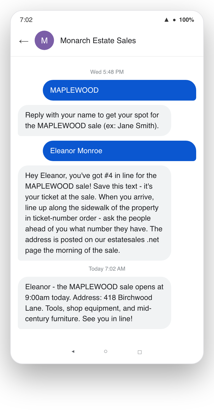 Android text thread: buyer joins the MAPLEWOOD sale line, gets their numbered ticket, then the morning address drop with the 9am open