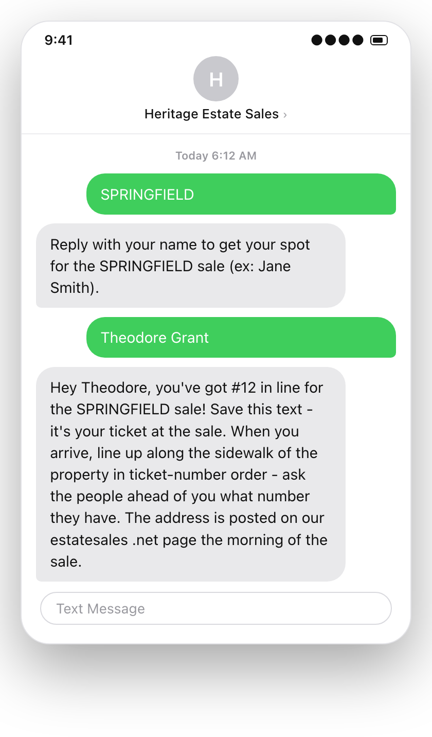 iPhone text conversation: a buyer texts SPRINGFIELD, replies with their name, and gets spot number 12 in line with the full ticket text