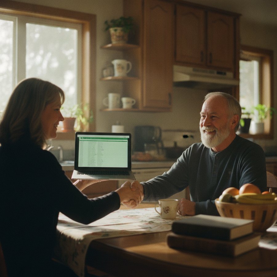 An estate sale company owner shows a homeowner the buyer list on a laptop at the kitchen table and gets a handshake - the job is won