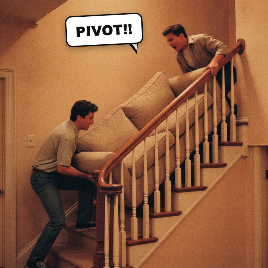 Two guys carrying a sofa up a staircase with a sharp corner, the one at the top yelling PIVOT - every estate sale crew has lived this